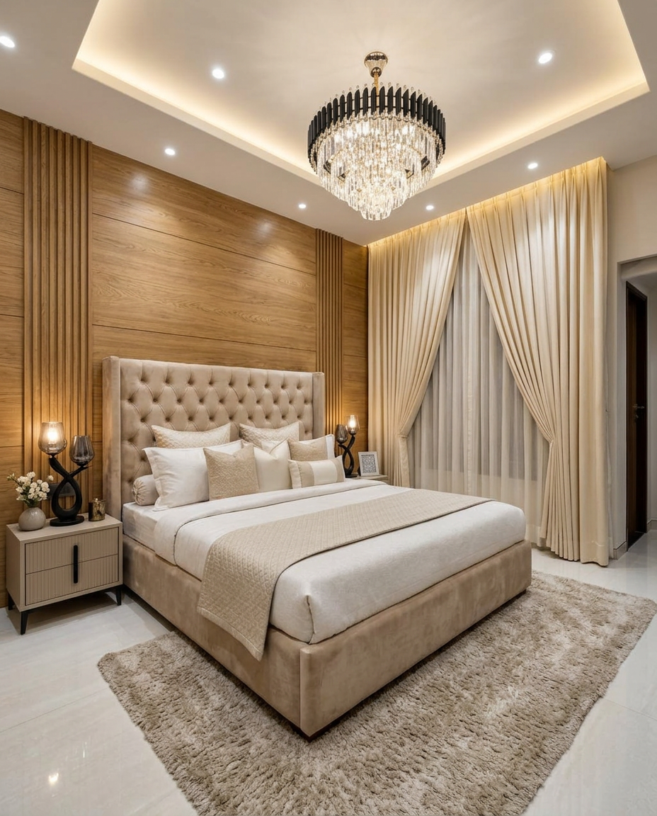 Modern 3 BHK apartment master bedroom with white oak wardrobe, diamond mirror feature wall and ambient lighting