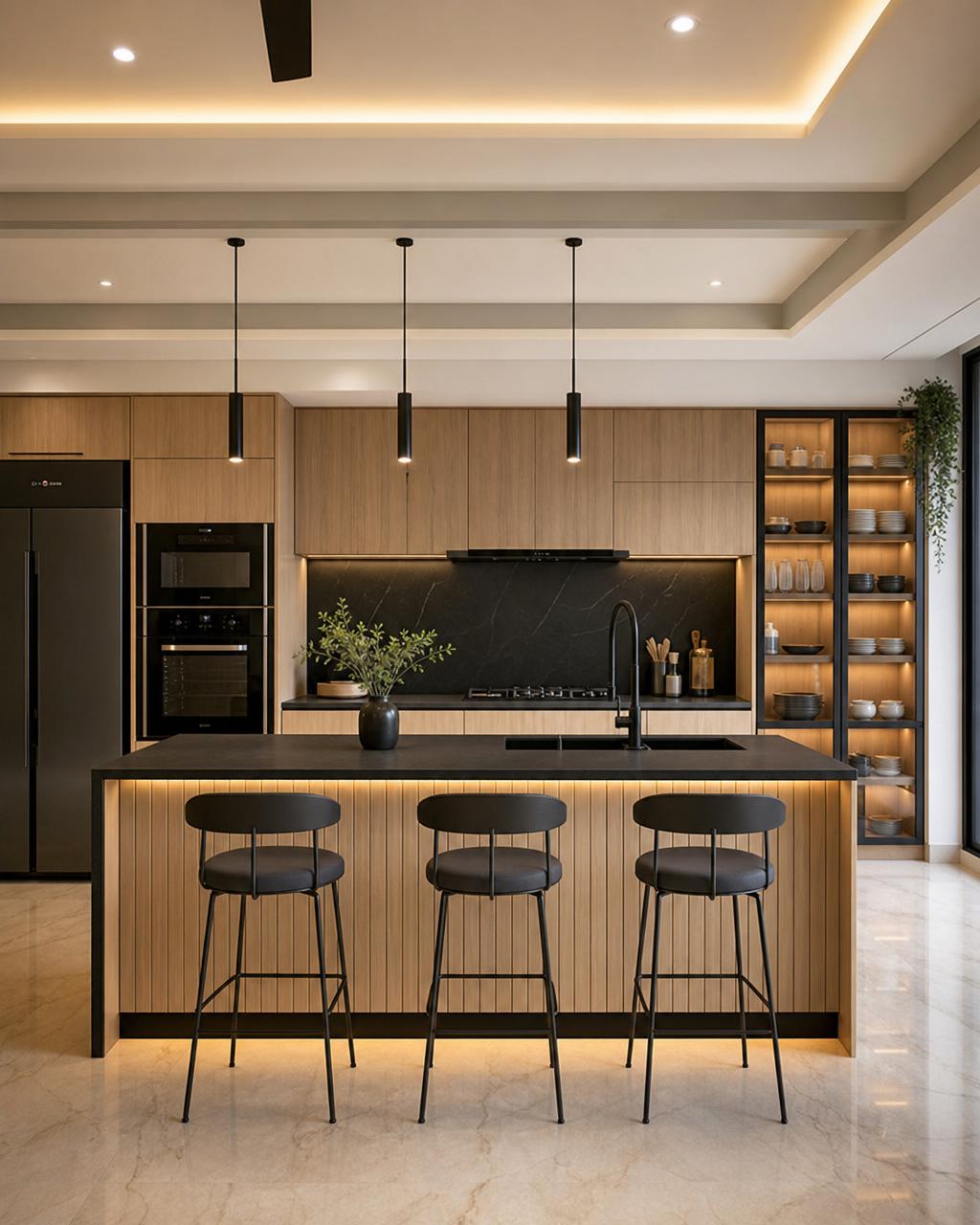 Modern 3 BHK apartment modular kitchen with white oak cabinetry, black countertops, crockery unit and island