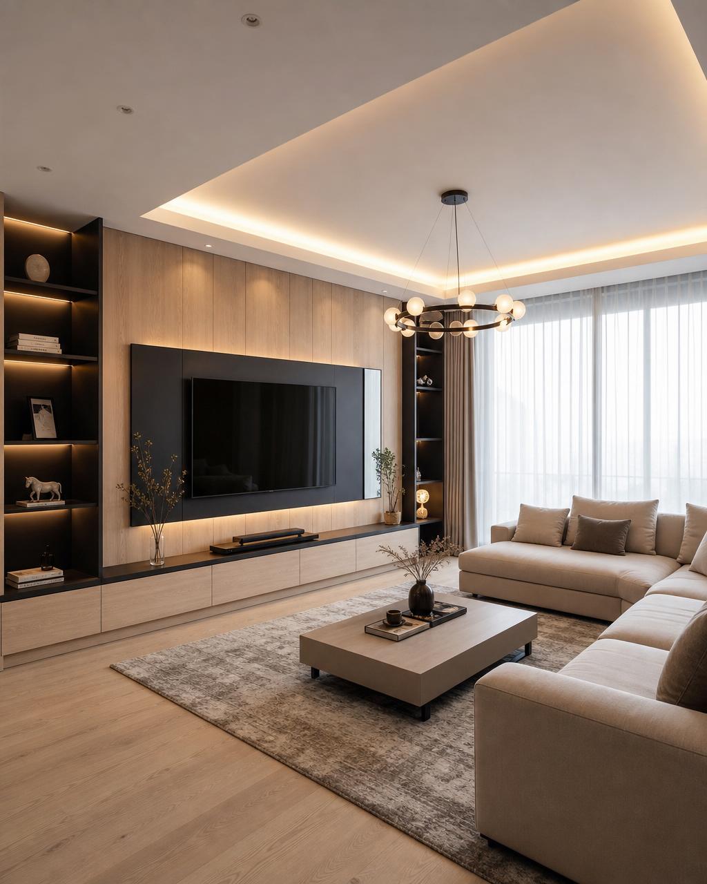 Modern 3 BHK apartment living room with white oak panels, black TV unit, false ceiling lights and elegant wall decor