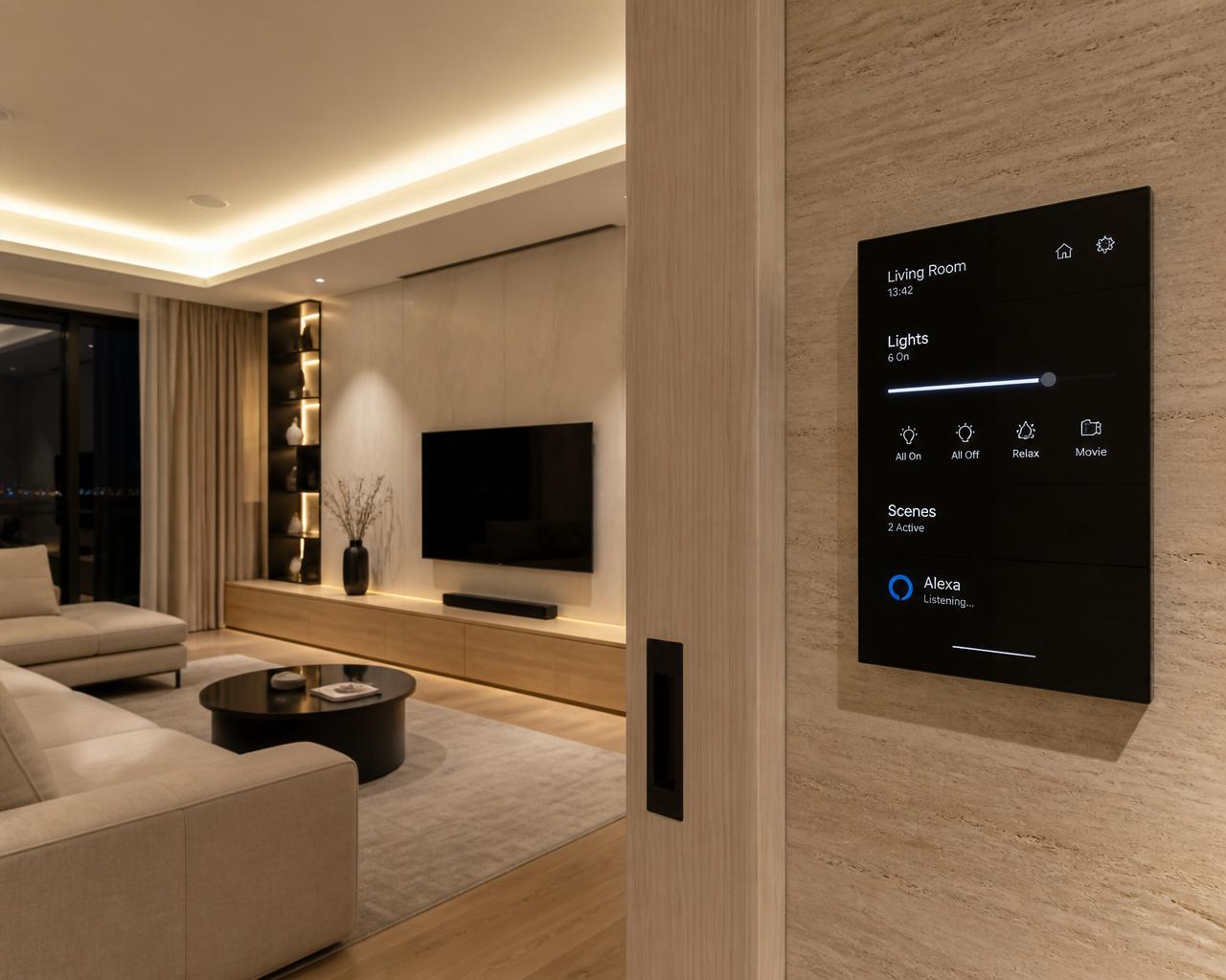 Modern smart home touch panel controlling living room lighting in a beige, white, oak and black interior