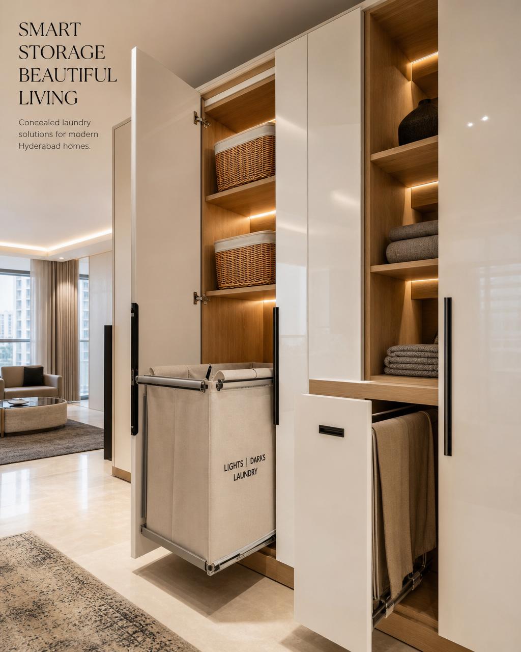 Concealed pull-out laundry hamper and used clothes storage integrated within glossy white and oak wardrobe cabinetry