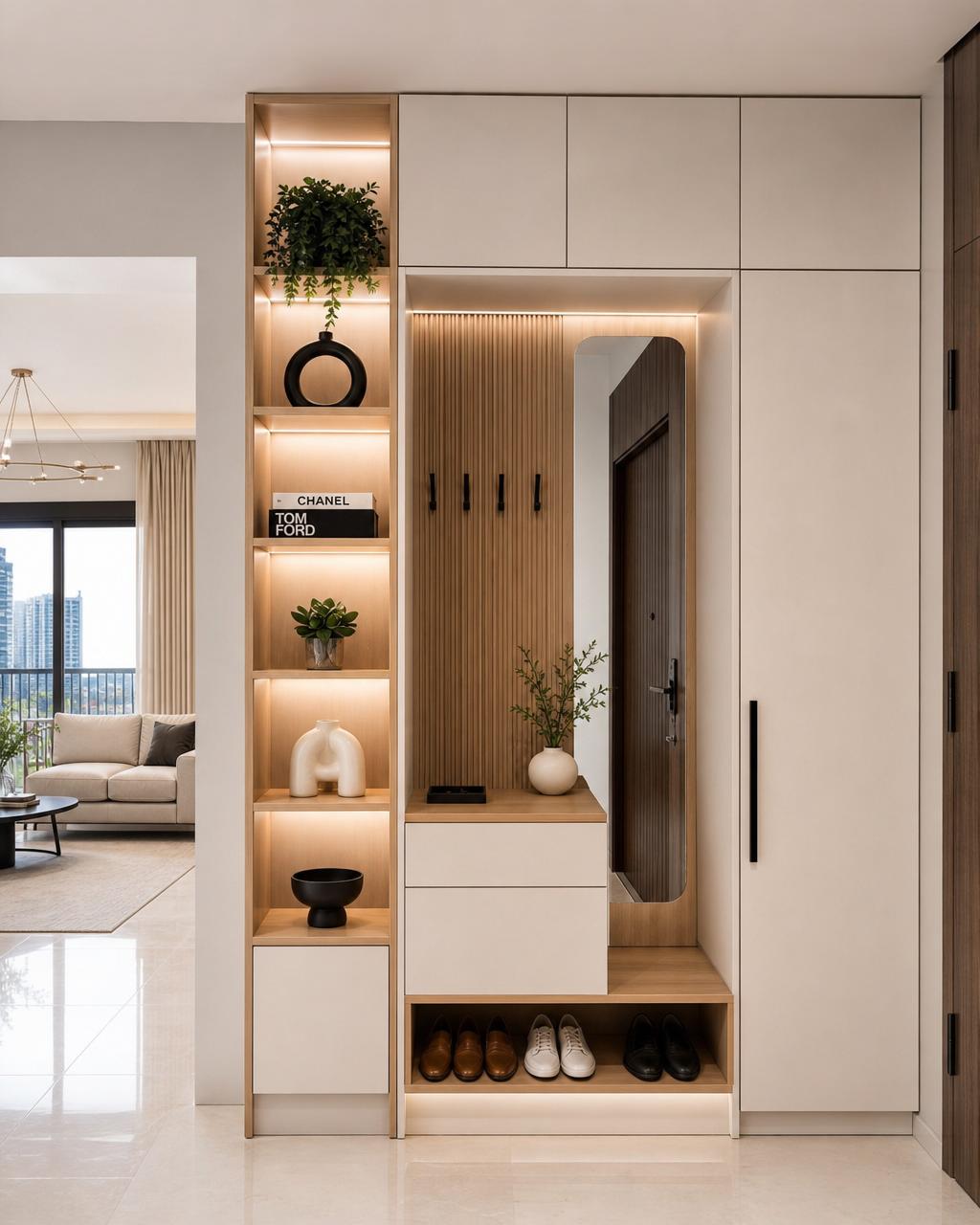Thoughtfully designed foyer storage wall with white and oak cabinets, shoe storage, display niches, mirror and key tray