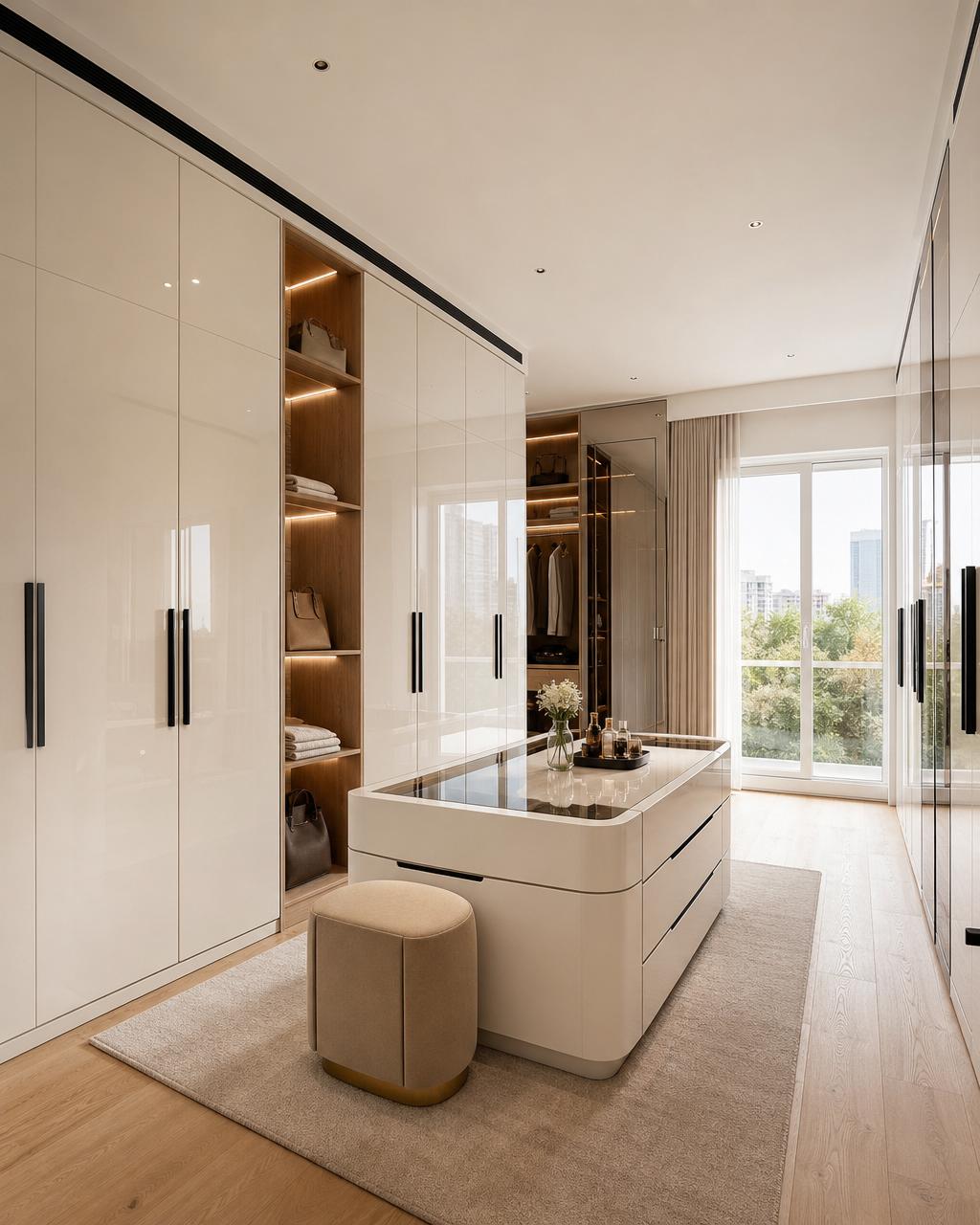 Luxury walk-in wardrobe with glossy white hinged wardrobes, central dressing island and integrated LED lighting