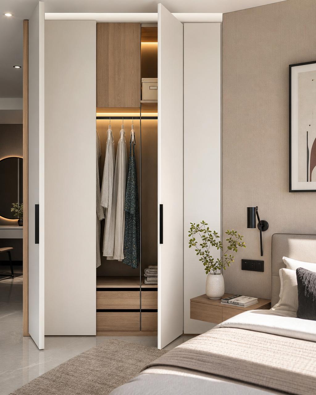 Modern bedroom with white and oak hinged wardrobe doors, soft interior lighting and organized clothing storage