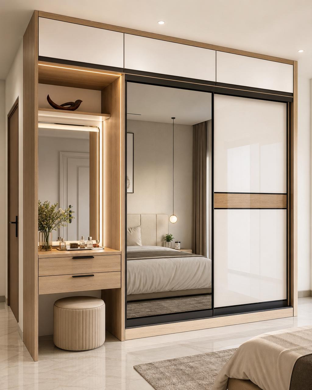Contemporary bedroom with sliding white and oak wardrobe featuring integrated dressing unit and full-length mirror